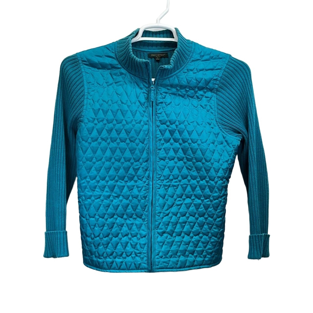 Vintage For Cynthia Petite Women's Teal Quilted Knit‎ Zip Sweater Jacket Size PL